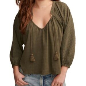 Lucky Brand Knit Mix Textured Peasant Blouse Dusty Olive Tassel Cotton Sz. M NWT